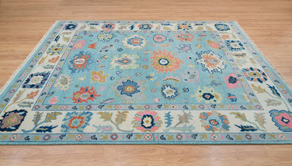 Oushak Rug – Light Blue Wool Area Rug 8x10 or 9x12 | Ivory, Pink, Green, Navy | Handknotted Turkish Carpet