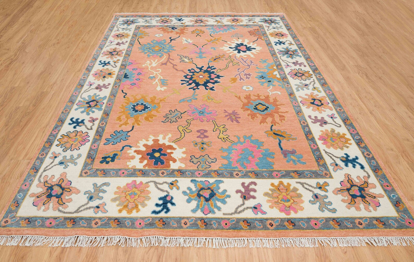 Contemporary Oushak Rug – Light Orange Wool Area Rug with Pink & Blue | Ivory Border Turkish Rug 8x10 / 9x12 for Modern Living Room
