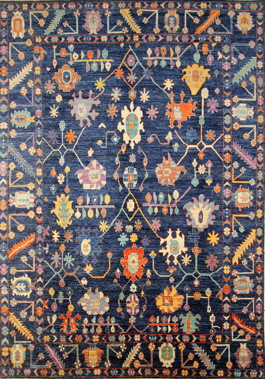 Modern Hand-Knotted Navy Multicolor Oushak Rug – Colorful Wool Rug for Living Room, Kids, or Bedroom