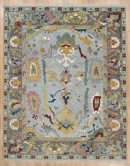 Modern Oushak Rug – Gray, Green & Red Wool Area Rug | Colorful Neutral Turkish Oriental Carpet in Silver Tones