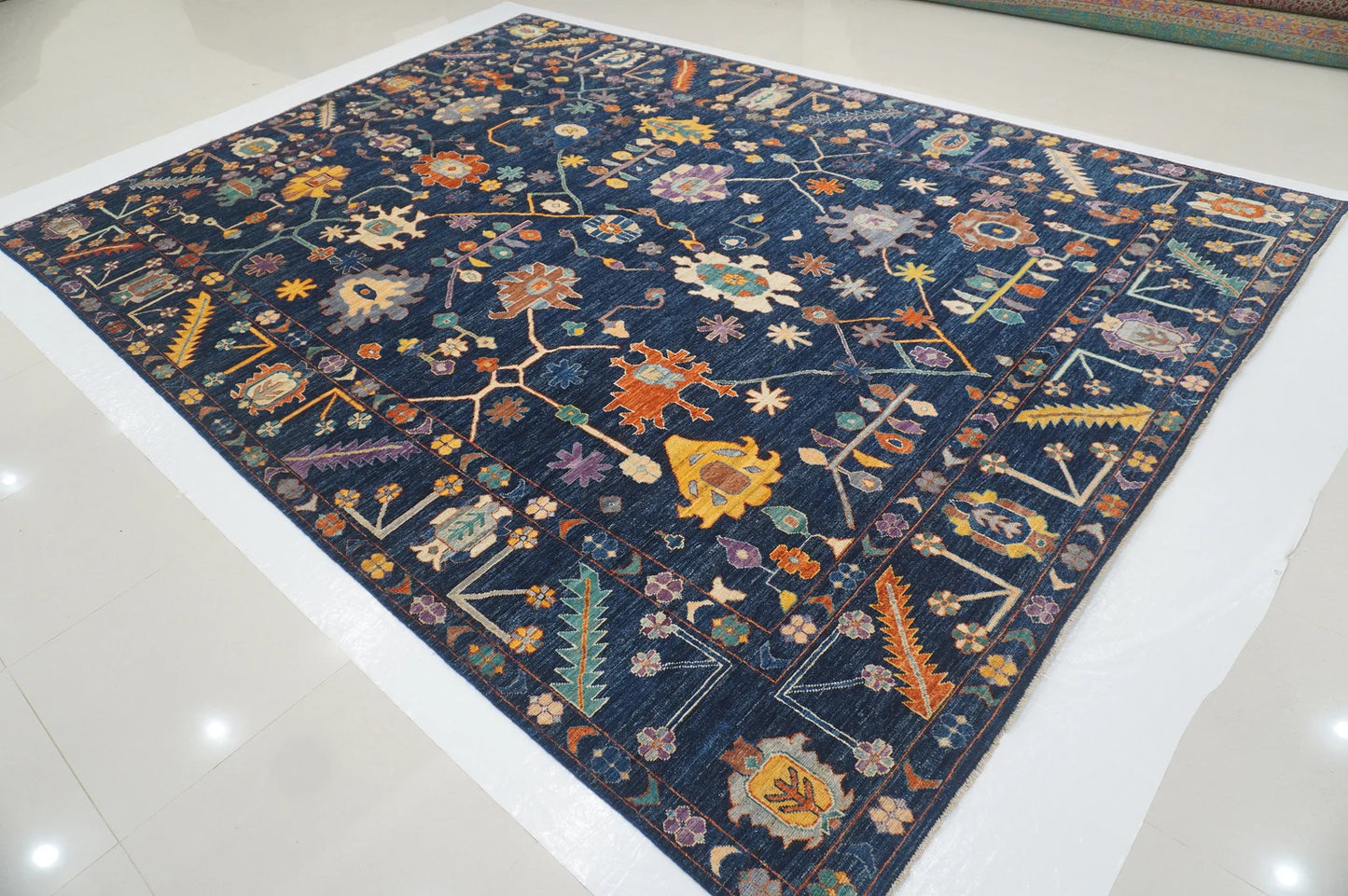 Modern Hand-Knotted Navy Multicolor Oushak Rug – Colorful Wool Rug for Living Room, Kids, or Bedroom