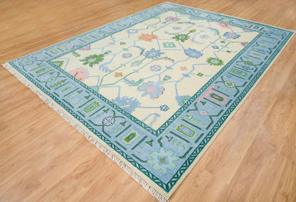 Oushak Rug – Cream, Blue & Green with Pink Accents | Modern Abstract Turkish Wool Rug | Handknotted Bedroom Area Carpet
