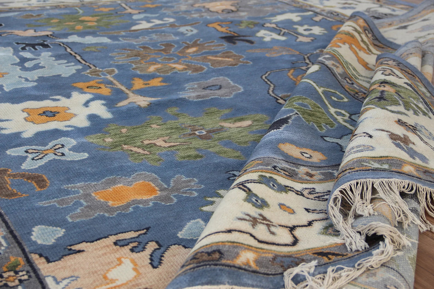Blue Indo Oushak Rug – Hand-Knotted Antique-Style Wool Area Rug (Multiple Sizes)