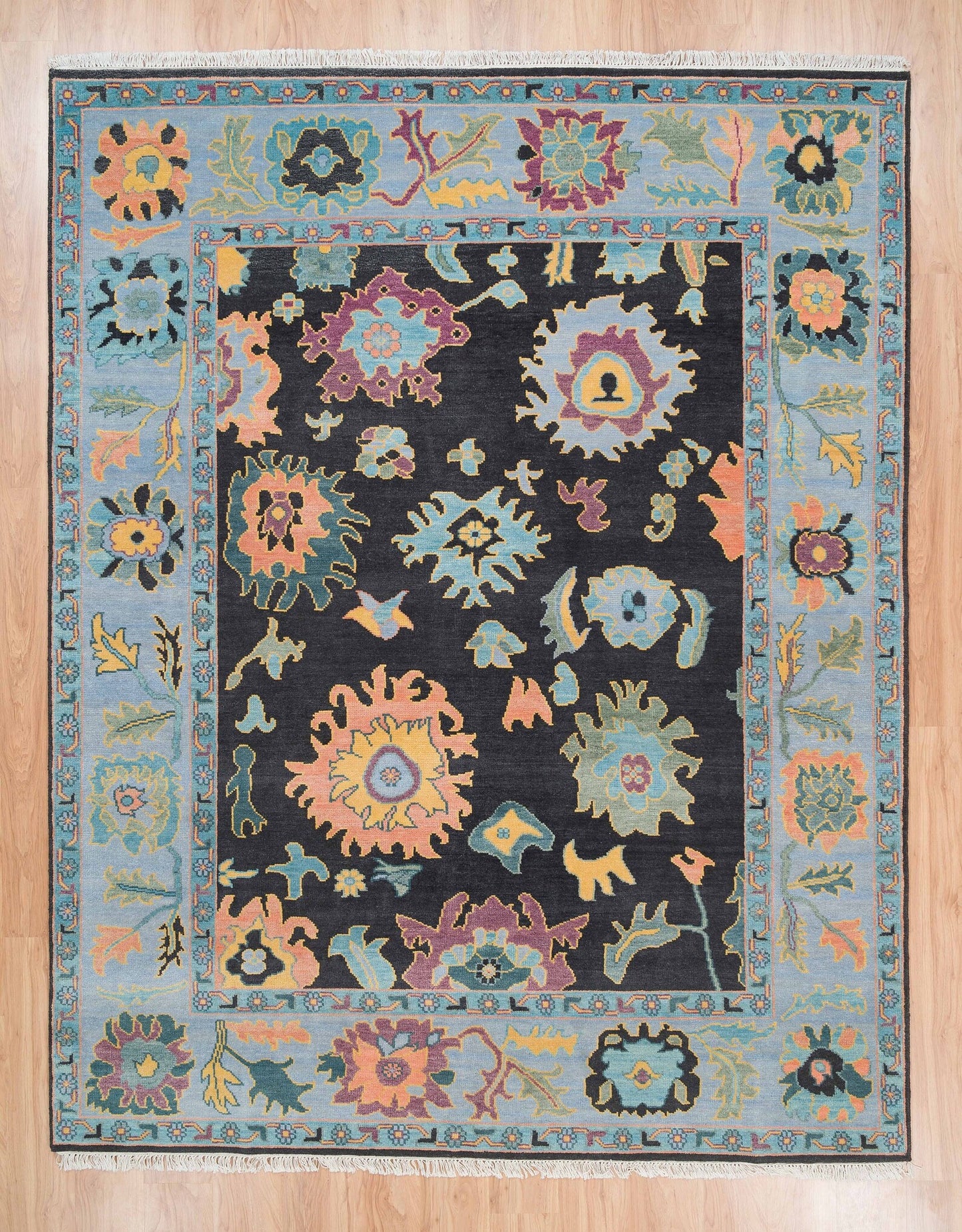 Modern Sky Blue Oushak Rug – Colorful Turkish Wool Area Carpet | Black Base with Orange, Purple & Green Floral Accents