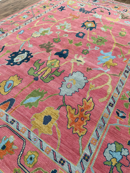 Pink Oushak Style Hand-Knotted Rug – Antique-Inspired Handmade Wool Area Rug (Multiple Sizes)