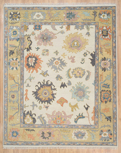Neutral Oushak Rug – Ivory & Gold Wool Area Rug | Contemporary Multicolored Turkish Rug for Living Room or Bedroom