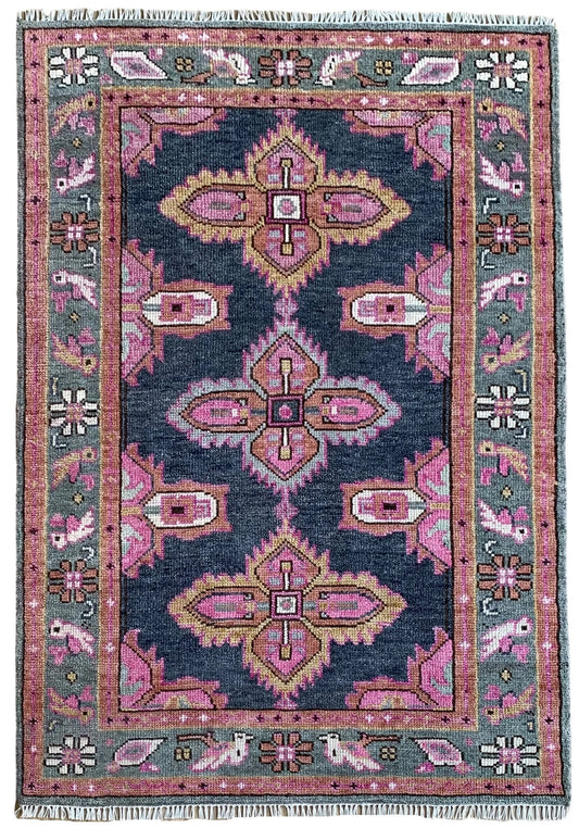 Hand-Knotted Navy Blue Turkish Oushak Rug – Large Wool Oriental Area Rug for Living Room or Bedroom