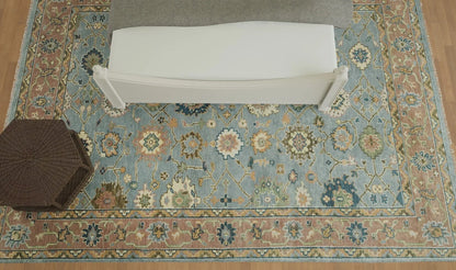 Bright Modern Oushak Wool Rug – Hand-Knotted Turkish Rug in Gray, Rust, Navy Blue & Olive Green