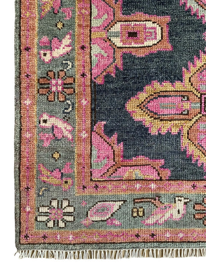 Hand-Knotted Navy Blue Turkish Oushak Rug – Large Wool Oriental Area Rug for Living Room or Bedroom