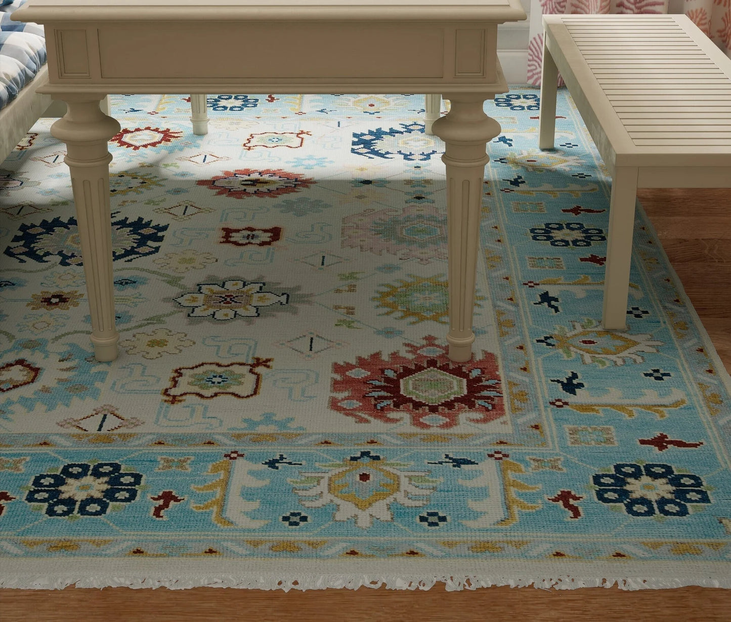 Ivory & Sky Blue Oushak Rug – Handmade Wool Area Rug | Large Colorful Modern Indoor Carpet for Living Room