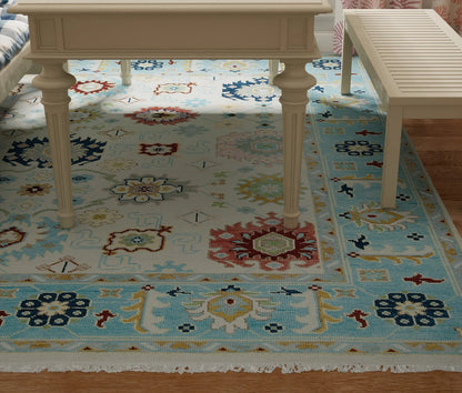 Ivory & Sky Blue Oushak Rug – Handmade Wool Area Rug | Large Colorful Modern Indoor Carpet for Living Room