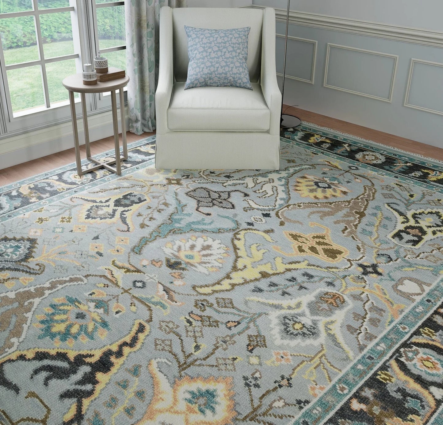 Fossil Gray Oushak Rug – Gold Accent Wool Area Rug | Teal, Ivory & Black Border Turkish Rug for Living Room or Bedroom