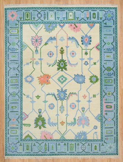 Oushak Rug – Cream, Blue & Green with Pink Accents | Modern Abstract Turkish Wool Rug | Handknotted Bedroom Area Carpet