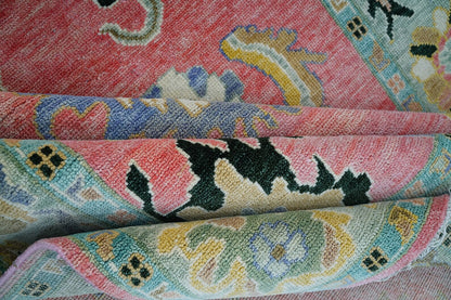 Handmade Pink & Moss Oushak Rug – Antique Ethnic Wool Carpet | Turkish Rug in Multiple Sizes for Living Room or Bedroom