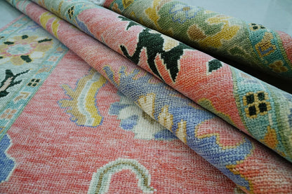 Handmade Pink & Moss Oushak Rug – Antique Ethnic Wool Carpet | Turkish Rug in Multiple Sizes for Living Room or Bedroom