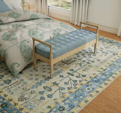 Handmade Persian Rug – Yellow Blue Floral Wool Area Rug 8x10 | Cream, Gold, Green & Ivory for Living Room