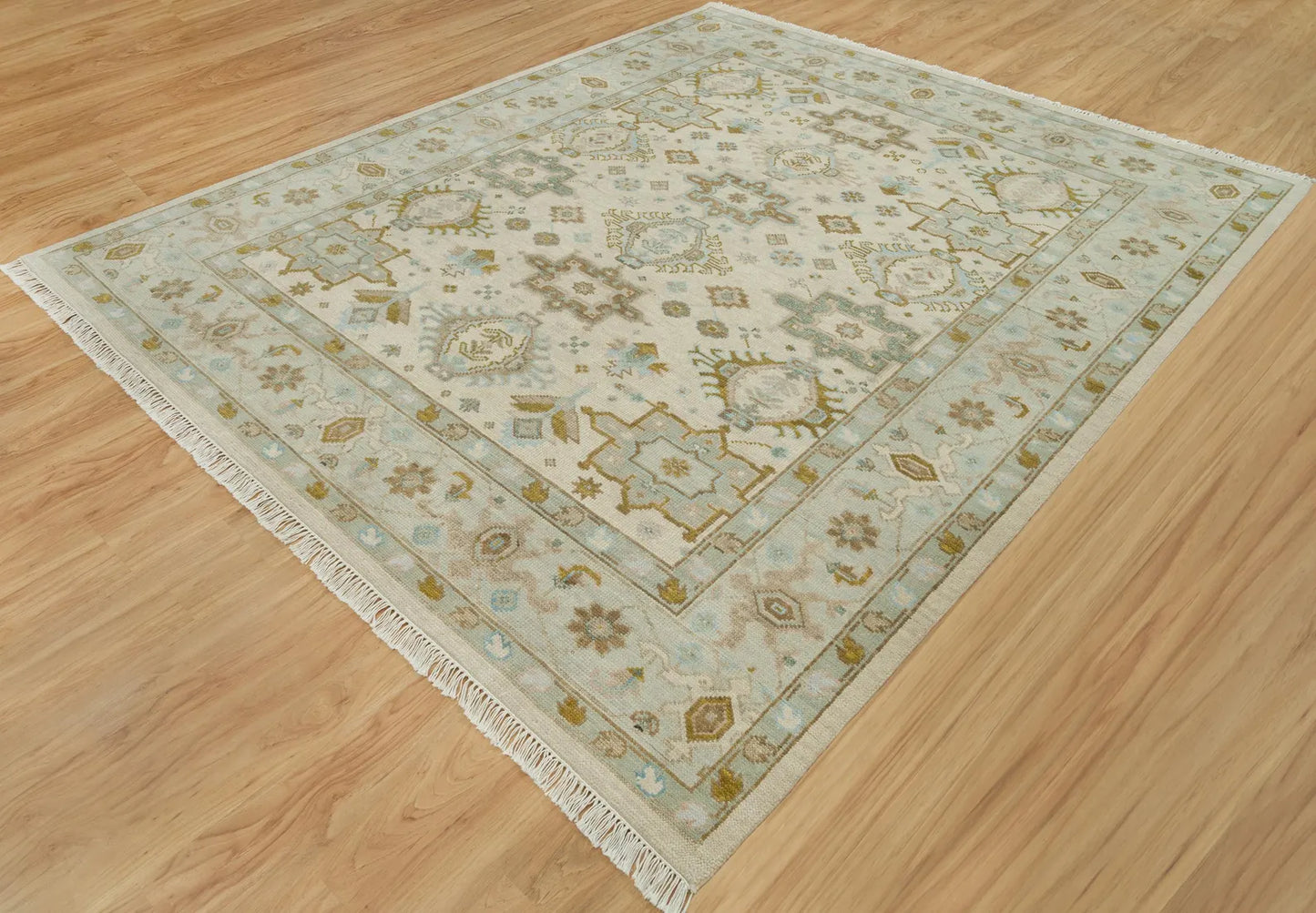 Muted Oushak Rug – Sand Beige with Blue & Green Highlights | Hand knotted 8x10 Wool Turkish Area Rug