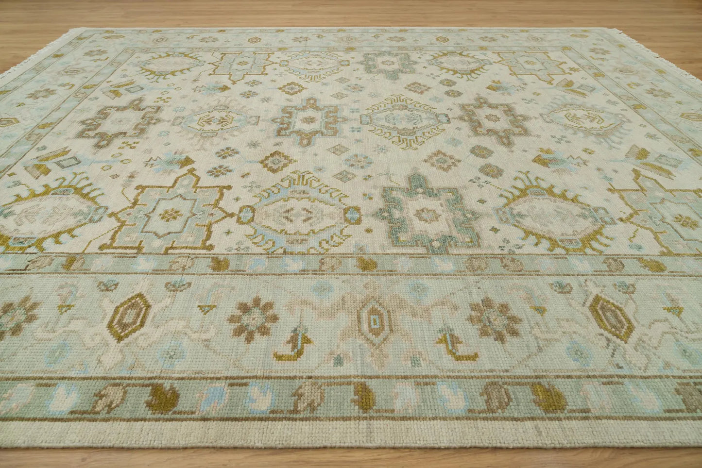Muted Oushak Rug – Sand Beige with Blue & Green Highlights | Hand knotted 8x10 Wool Turkish Area Rug
