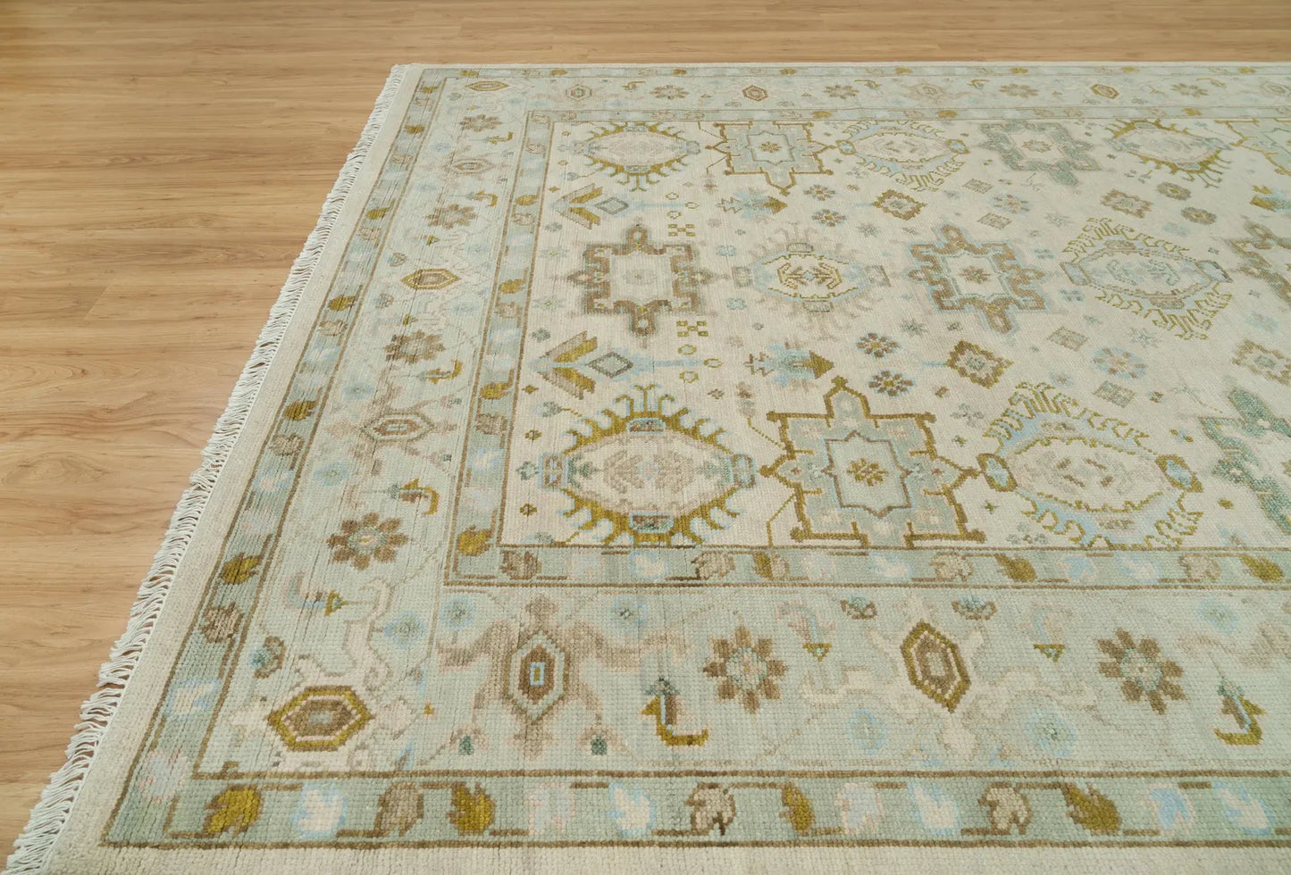Muted Oushak Rug – Sand Beige with Blue & Green Highlights | Hand knotted 8x10 Wool Turkish Area Rug