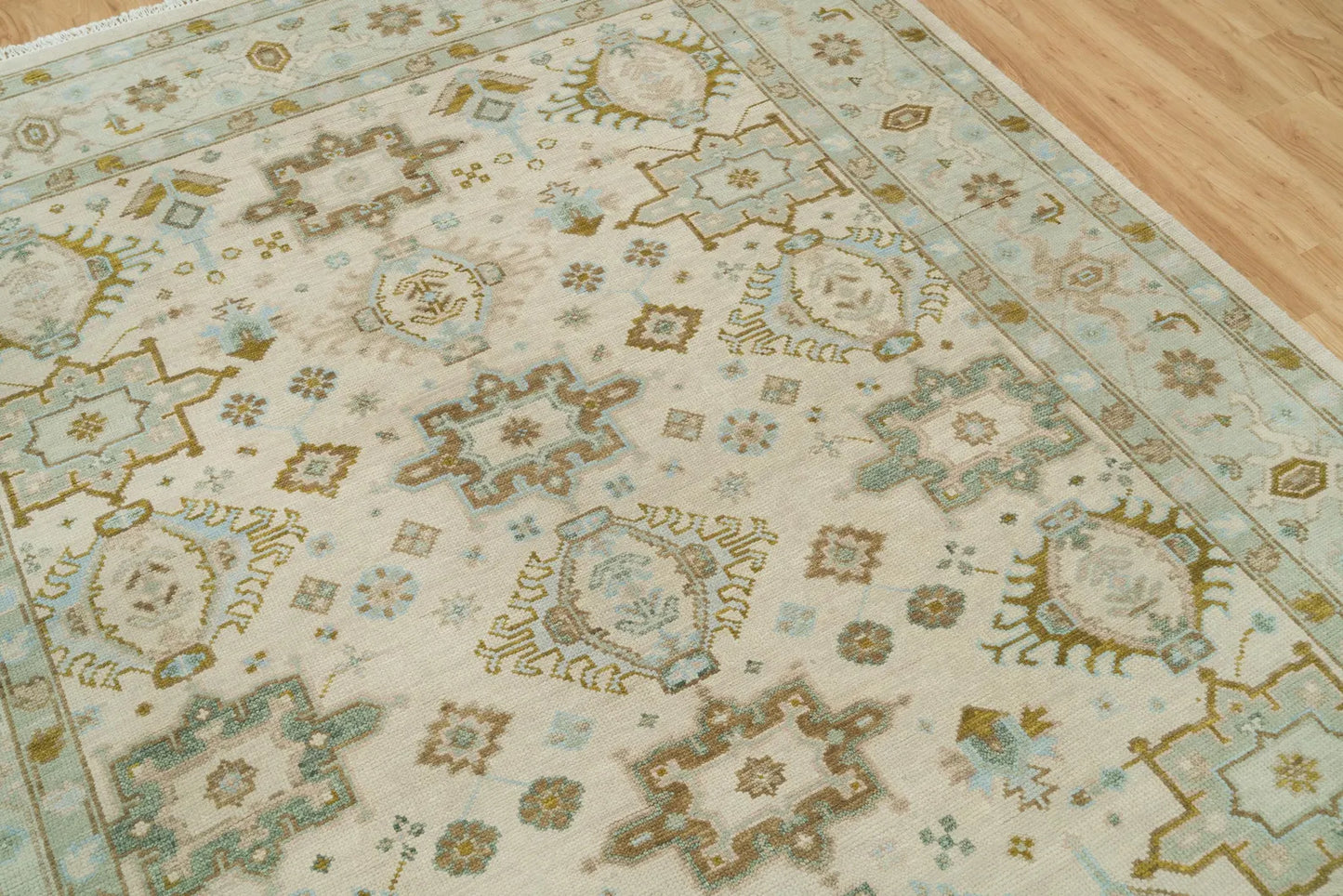 Muted Oushak Rug – Sand Beige with Blue & Green Highlights | Hand knotted 8x10 Wool Turkish Area Rug