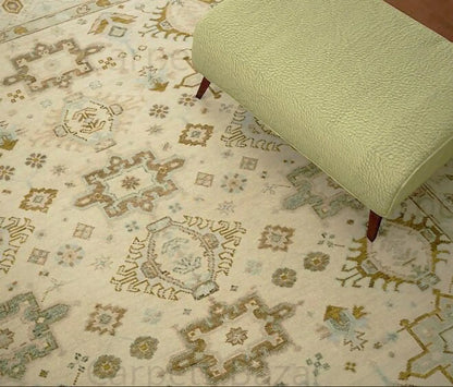 Muted Oushak Rug – Sand Beige with Blue & Green Highlights | Hand knotted 8x10 Wool Turkish Area Rug