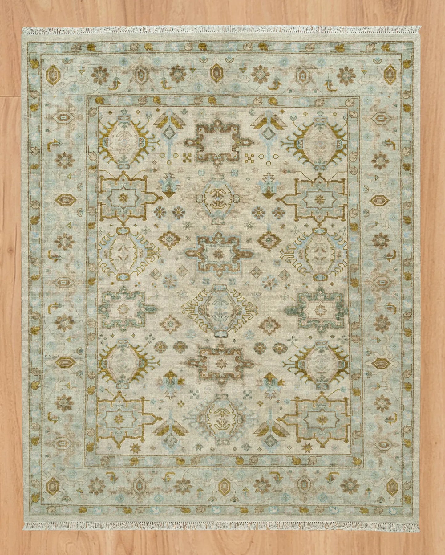 Muted Oushak Rug – Sand Beige with Blue & Green Highlights | Hand knotted 8x10 Wool Turkish Area Rug