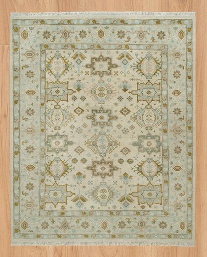Muted Oushak Rug – Sand Beige with Blue & Green Highlights | Hand knotted 8x10 Wool Turkish Area Rug