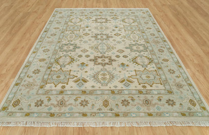 Muted Oushak Rug – Sand Beige with Blue & Green Highlights | Hand knotted 8x10 Wool Turkish Area Rug