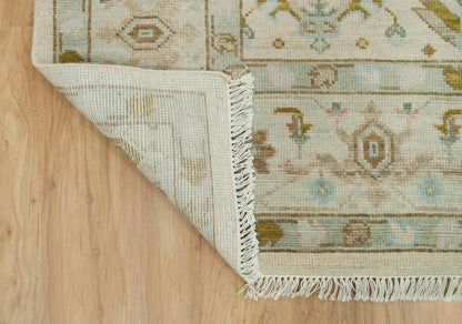 Muted Oushak Rug – Sand Beige with Blue & Green Highlights | Hand knotted 8x10 Wool Turkish Area Rug