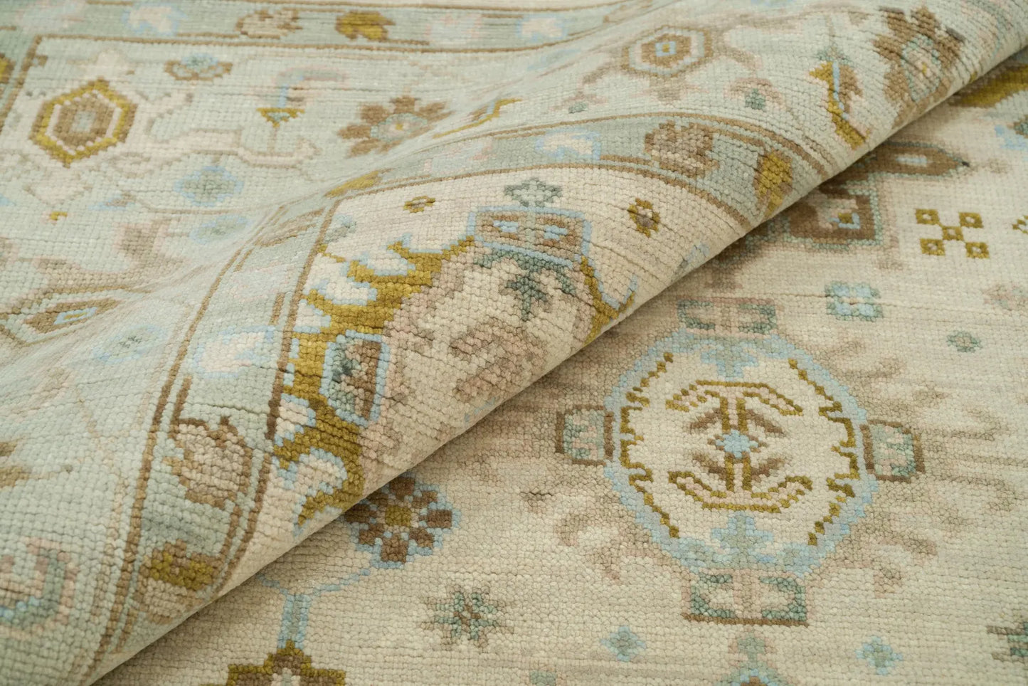 Muted Oushak Rug – Sand Beige with Blue & Green Highlights | Hand knotted 8x10 Wool Turkish Area Rug