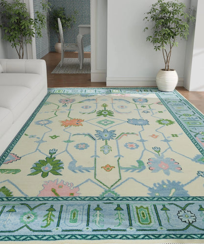 Oushak Rug – Cream, Blue & Green with Pink Accents | Modern Abstract Turkish Wool Rug | Handknotted Bedroom Area Carpet