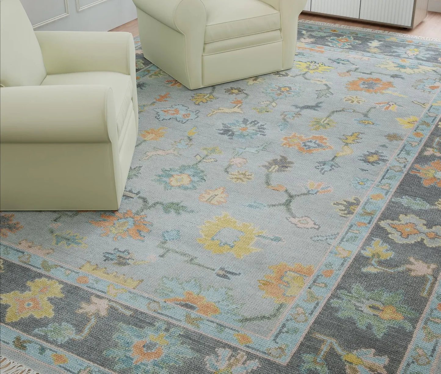 Faded Gray Modern Oushak Rug – Teal & Gold Wool Area Rug | Blue & Black Border Handmade Turkish Floral Carpet for Living Room
