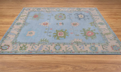 Light Blue Green Oushak Rug – Pastel Floral Wool Area Rug | Handmade Turkish Rug for Bedroom, Beige & Pink Accents
