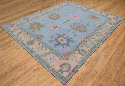 Light Blue Green Oushak Rug – Pastel Floral Wool Area Rug | Handmade Turkish Rug for Bedroom, Beige & Pink Accents