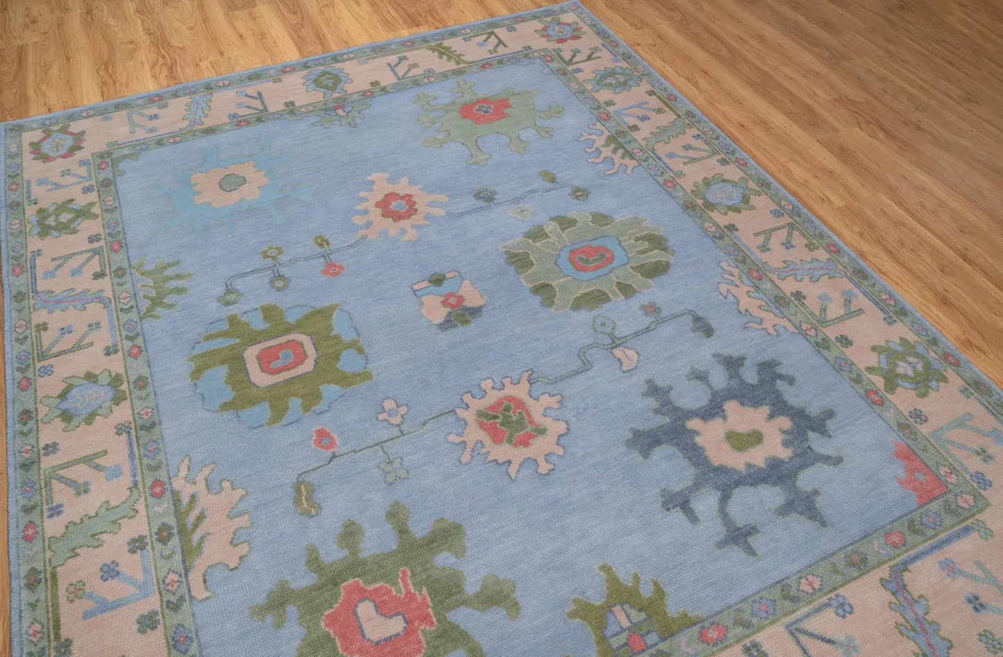 Light Blue Green Oushak Rug – Pastel Floral Wool Area Rug | Handmade Turkish Rug for Bedroom, Beige & Pink Accents