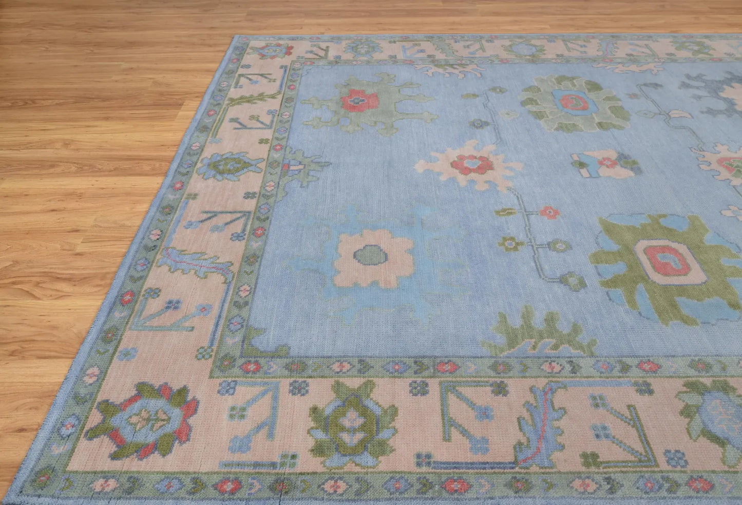 Light Blue Green Oushak Rug – Pastel Floral Wool Area Rug | Handmade Turkish Rug for Bedroom, Beige & Pink Accents