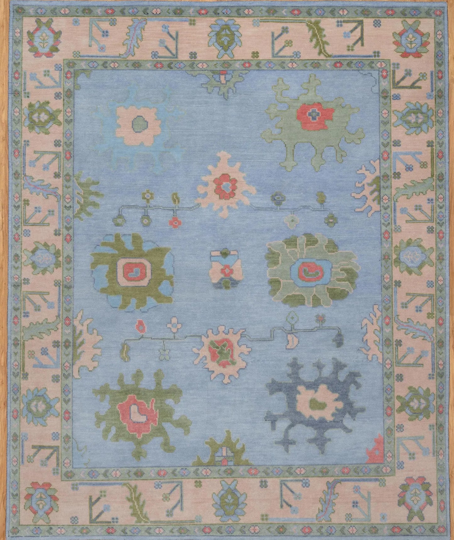 Light Blue Green Oushak Rug – Pastel Floral Wool Area Rug | Handmade Turkish Rug for Bedroom, Beige & Pink Accents