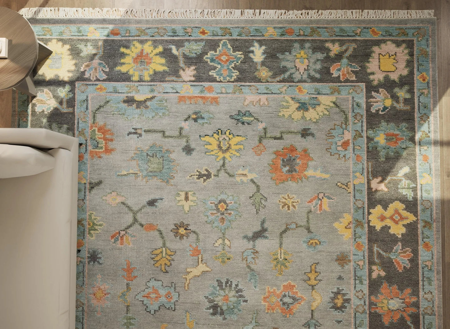 Faded Gray Modern Oushak Rug – Teal & Gold Wool Area Rug | Blue & Black Border Handmade Turkish Floral Carpet for Living Room