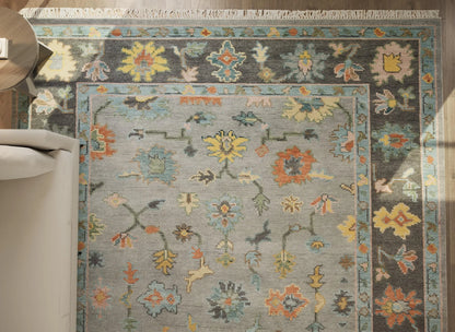 Faded Gray Modern Oushak Rug – Teal & Gold Wool Area Rug | Blue & Black Border Handmade Turkish Floral Carpet for Living Room