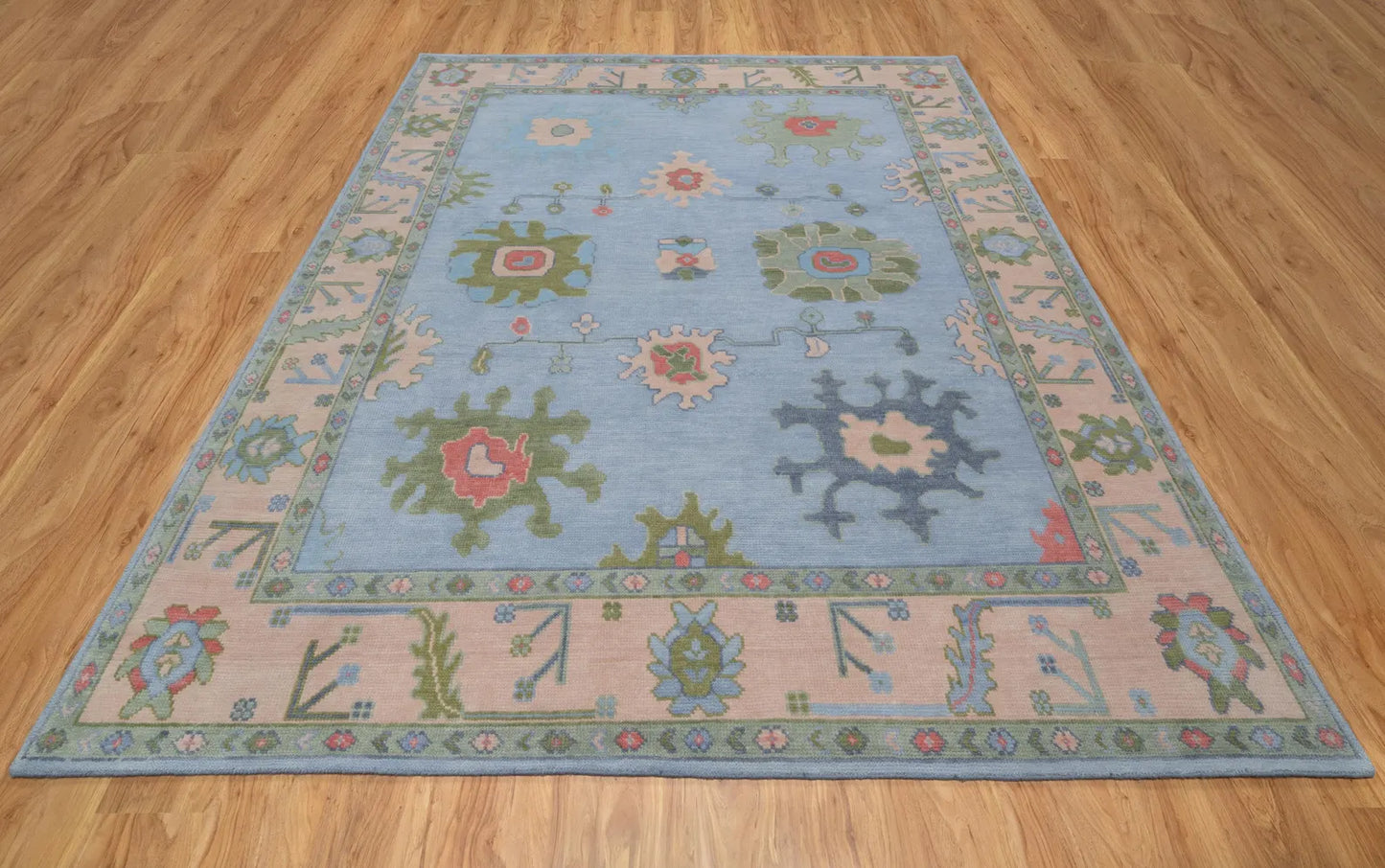 Light Blue Green Oushak Rug – Pastel Floral Wool Area Rug | Handmade Turkish Rug for Bedroom, Beige & Pink Accents