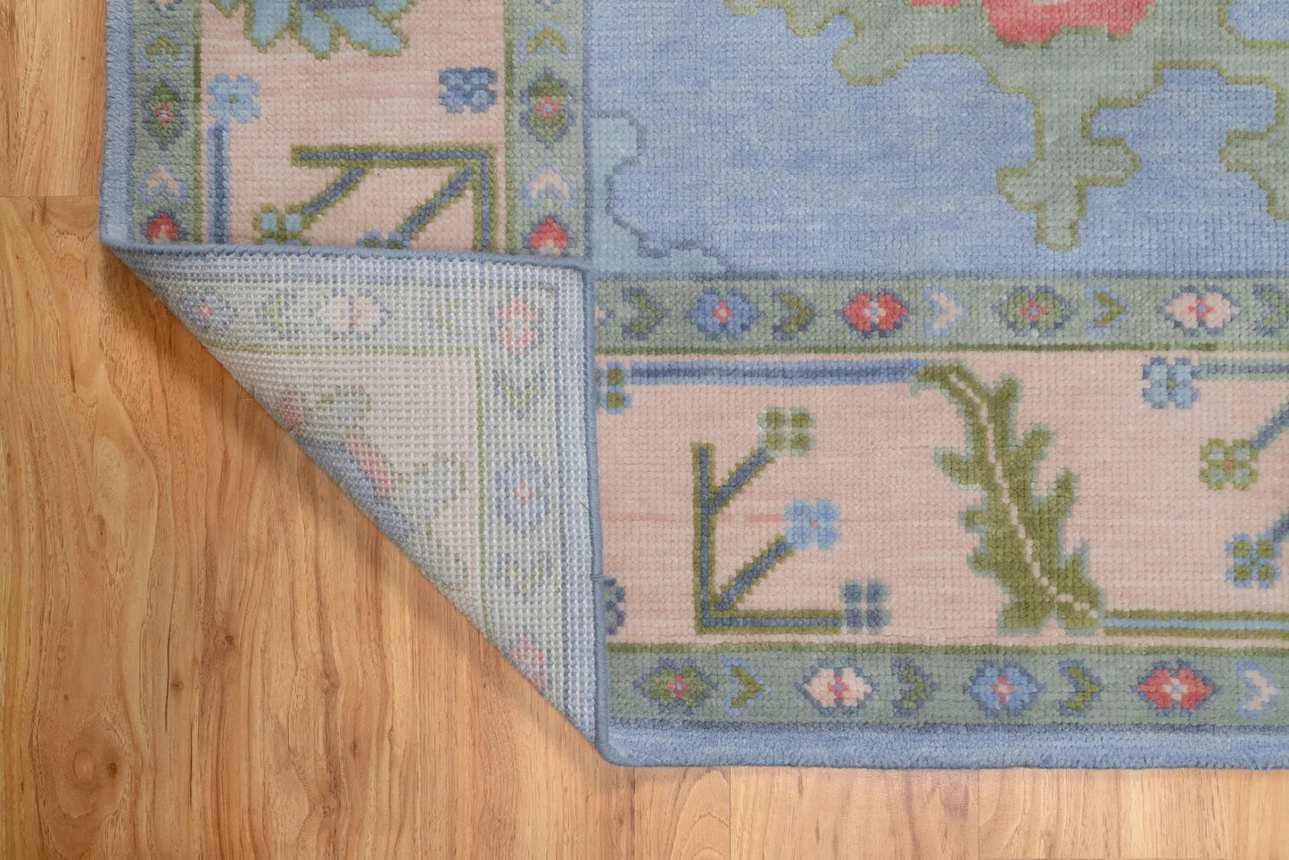 Light Blue Green Oushak Rug – Pastel Floral Wool Area Rug | Handmade Turkish Rug for Bedroom, Beige & Pink Accents