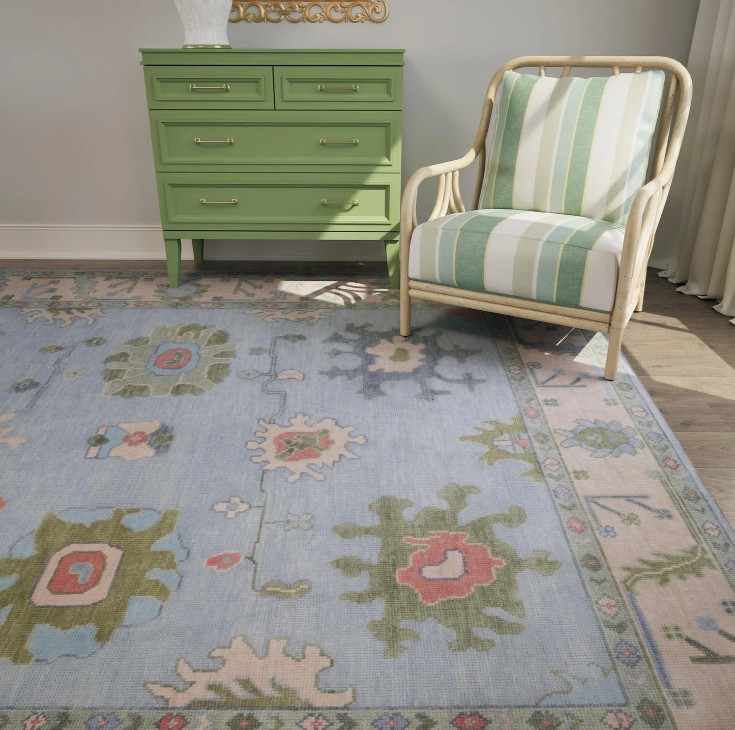 Light Blue Green Oushak Rug – Pastel Floral Wool Area Rug | Handmade Turkish Rug for Bedroom, Beige & Pink Accents