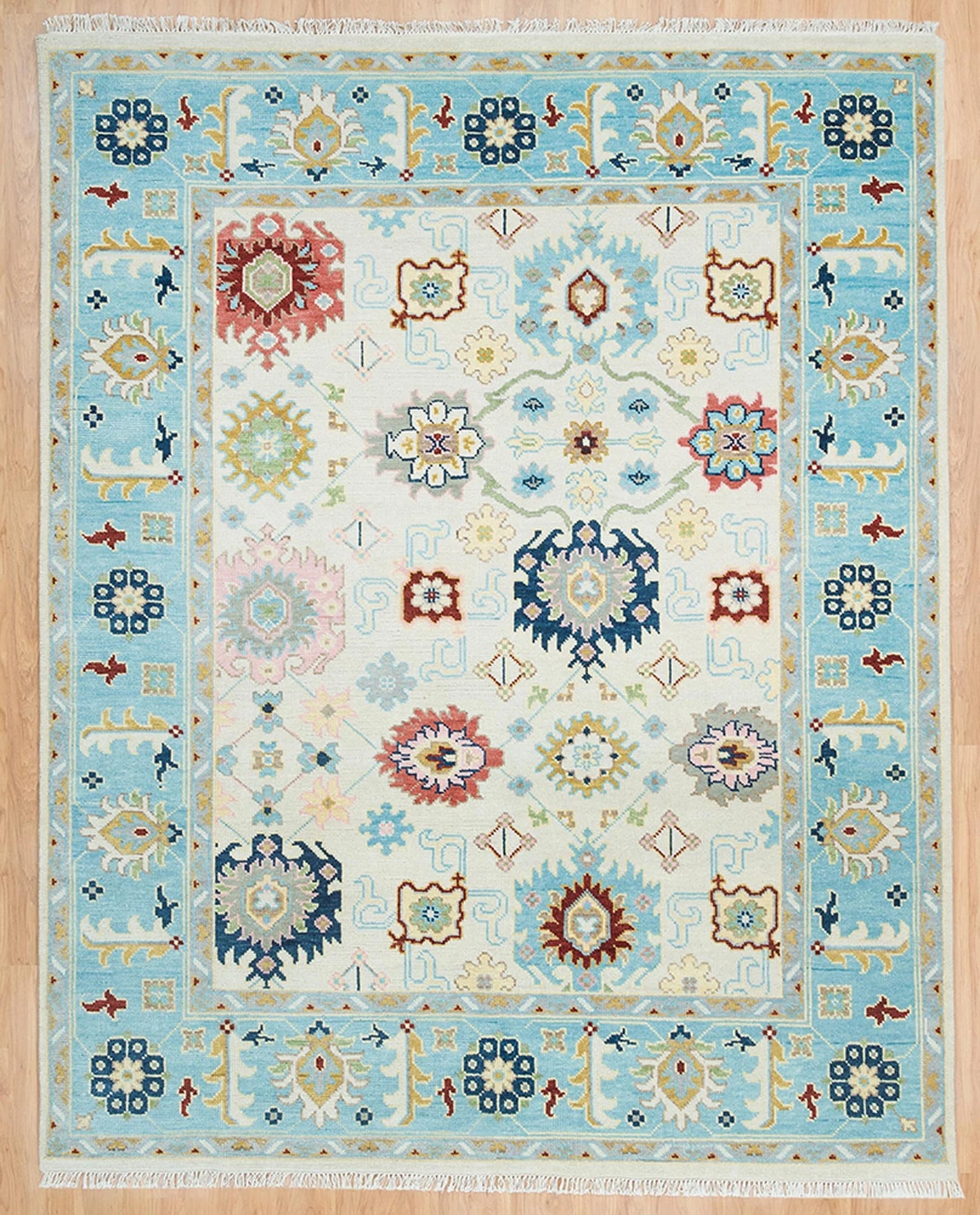 Ivory & Sky Blue Oushak Rug – Handmade Wool Area Rug | Large Colorful Modern Indoor Carpet for Living Room