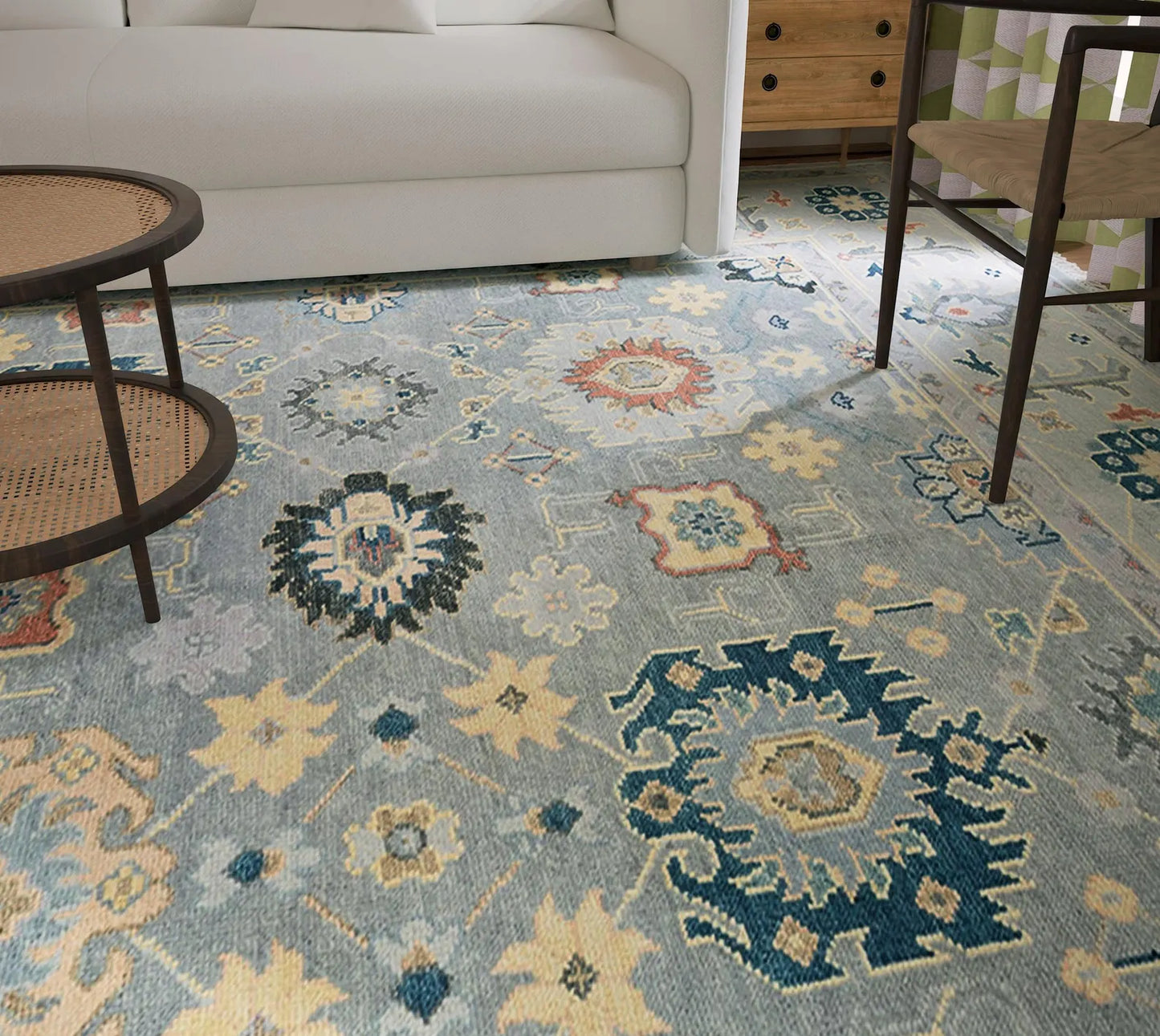 Gray Oushak Rug – Colorful Floral Wool Area Rug | Navy, Red & Cream | Large Handmade Turkish Rug for Bedroom or Living Room