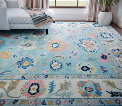 Oushak Rug – Light Blue Wool Area Rug 8x10 or 9x12 | Ivory, Pink, Green, Navy | Handknotted Turkish Carpet