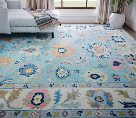 Oushak Rug – Light Blue Wool Area Rug 8x10 or 9x12 | Ivory, Pink, Green, Navy | Handknotted Turkish Carpet Carpitzi
