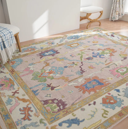 Modern Multicolor Pink Oushak Rug – Handmade Turkish Wool Rug (8x10, 9x12) for Bedroom or Living Room