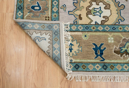 Coffee Brown Oushak Rug – Hand-Knotted Wool Turkish Area Rug with Navy and Green Accents for Living Room