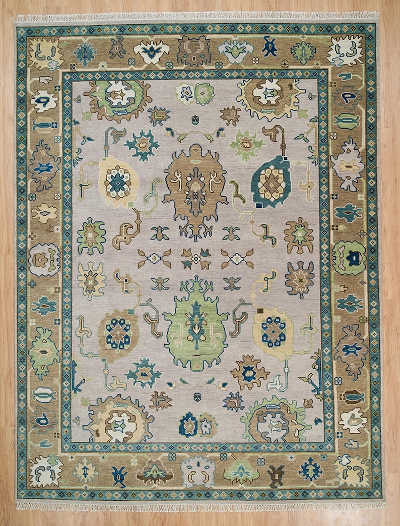 Coffee Brown Oushak Rug – Hand-Knotted Wool Turkish Area Rug with Navy and Green Accents for Living Room