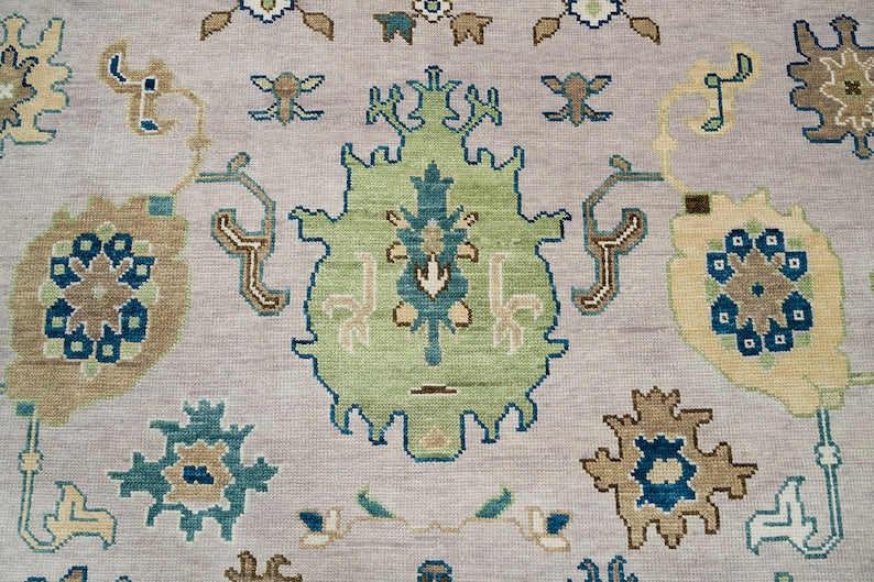 Coffee Brown Oushak Rug – Hand-Knotted Wool Turkish Area Rug with Navy and Green Accents for Living Room